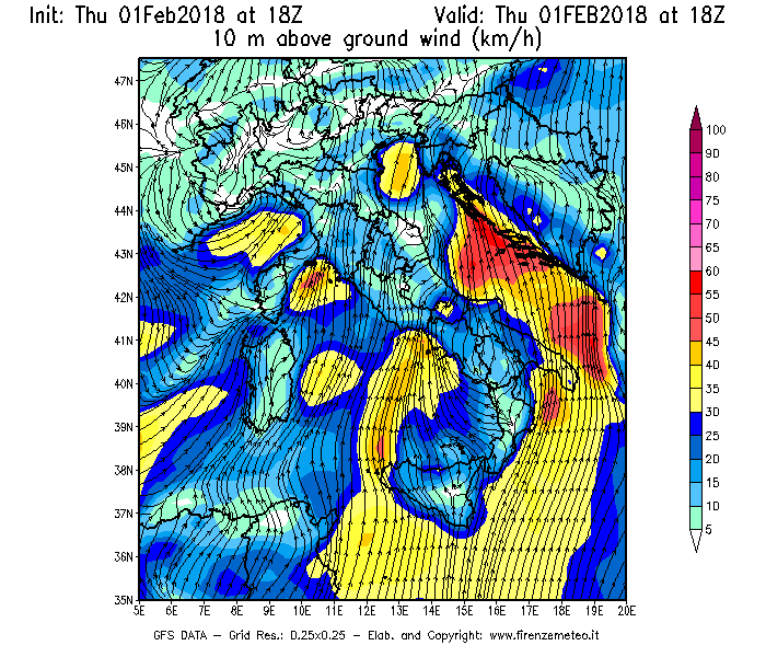 Mappa di analisi GFS - Velocità del vento a 10 metri dal suolo [km/h] in Italia
									del 01/02/2018 18 <!--googleoff: index-->UTC<!--googleon: index-->