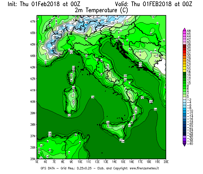 Mappa di analisi GFS - Temperatura a 2 metri dal suolo [°C] in Italia
									del 01/02/2018 00 <!--googleoff: index-->UTC<!--googleon: index-->