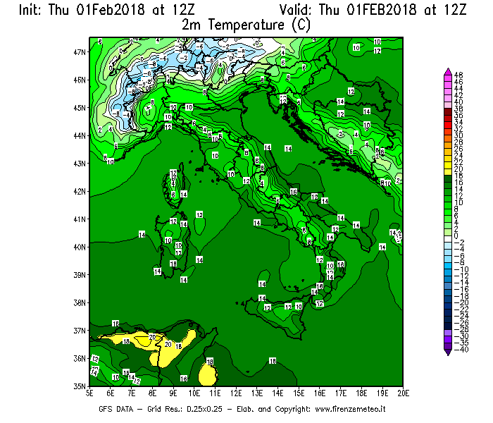 Mappa di analisi GFS - Temperatura a 2 metri dal suolo [°C] in Italia
							del 01/02/2018 12 <!--googleoff: index-->UTC<!--googleon: index-->