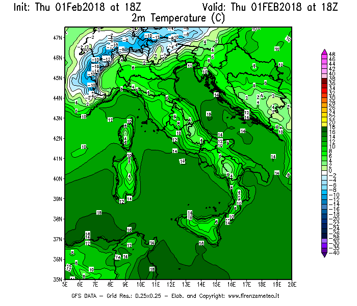 Mappa di analisi GFS - Temperatura a 2 metri dal suolo [°C] in Italia
							del 01/02/2018 18 <!--googleoff: index-->UTC<!--googleon: index-->