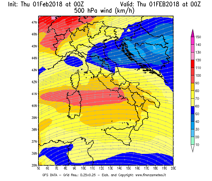 Mappa di analisi GFS - Velocità del vento a 500 hPa [km/h] in Italia
									del 01/02/2018 00 <!--googleoff: index-->UTC<!--googleon: index-->