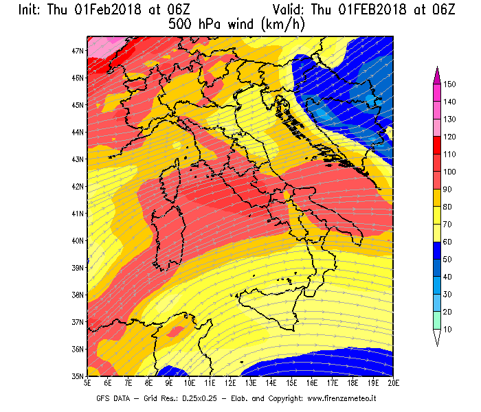 Mappa di analisi GFS - Velocità del vento a 500 hPa [km/h] in Italia
									del 01/02/2018 06 <!--googleoff: index-->UTC<!--googleon: index-->