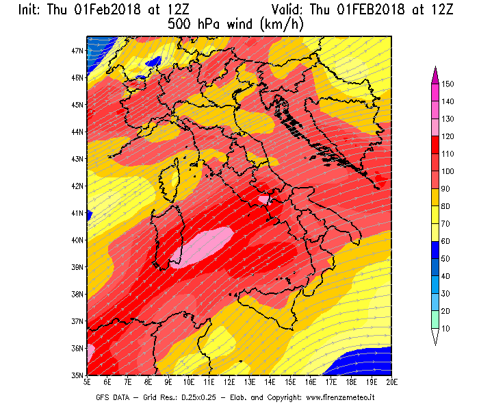 Mappa di analisi GFS - Velocità del vento a 500 hPa [km/h] in Italia
									del 01/02/2018 12 <!--googleoff: index-->UTC<!--googleon: index-->