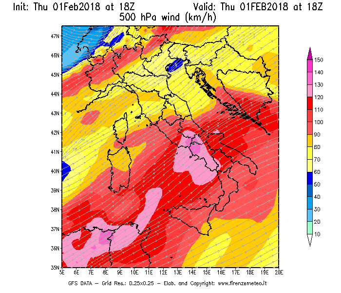 Mappa di analisi GFS - Velocità del vento a 500 hPa [km/h] in Italia
									del 01/02/2018 18 <!--googleoff: index-->UTC<!--googleon: index-->