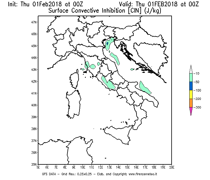 Mappa di analisi GFS - CIN [J/kg] in Italia
							del 01/02/2018 00 <!--googleoff: index-->UTC<!--googleon: index-->