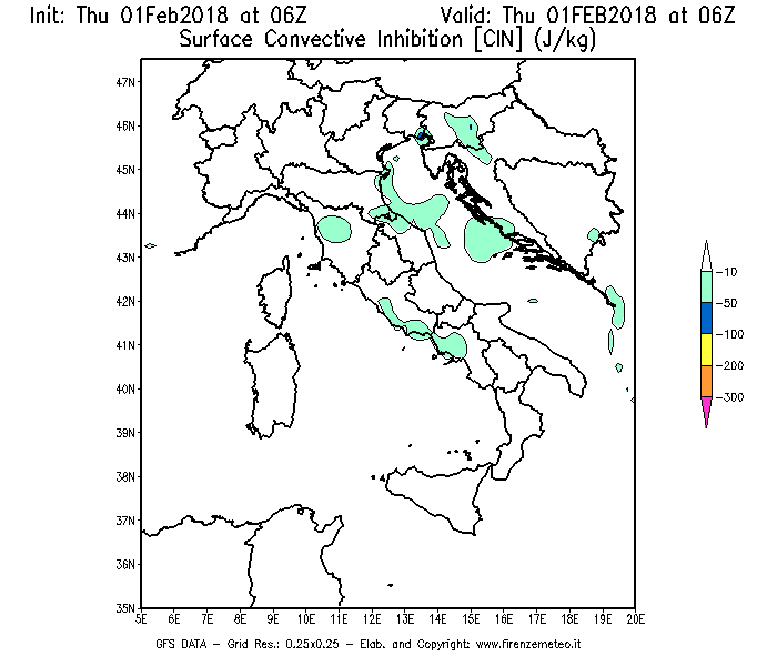 Mappa di analisi GFS - CIN [J/kg] in Italia
							del 01/02/2018 06 <!--googleoff: index-->UTC<!--googleon: index-->