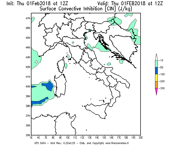 Mappa di analisi GFS - CIN [J/kg] in Italia
									del 01/02/2018 12 <!--googleoff: index-->UTC<!--googleon: index-->