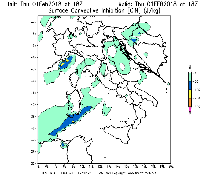 Mappa di analisi GFS - CIN [J/kg] in Italia
									del 01/02/2018 18 <!--googleoff: index-->UTC<!--googleon: index-->