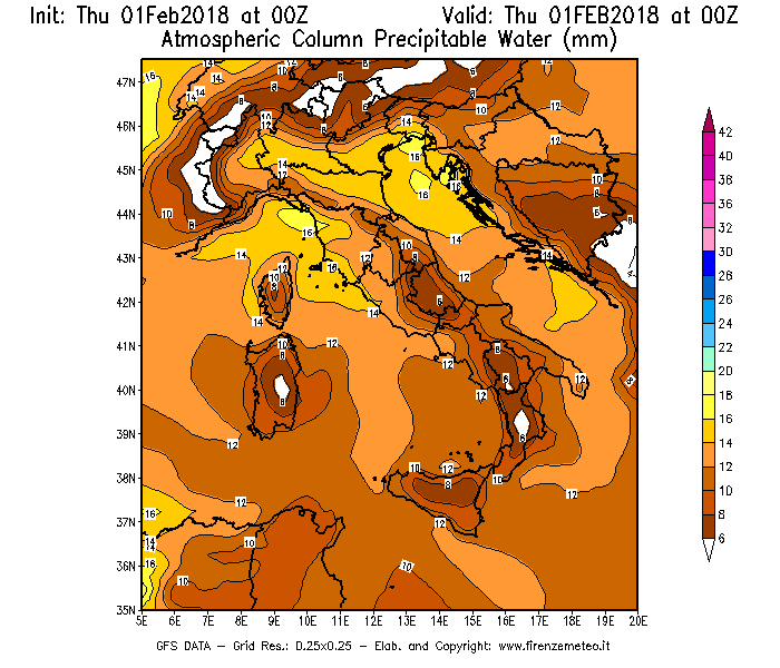 Mappa di analisi GFS - Precipitable Water [mm] in Italia
							del 01/02/2018 00 <!--googleoff: index-->UTC<!--googleon: index-->