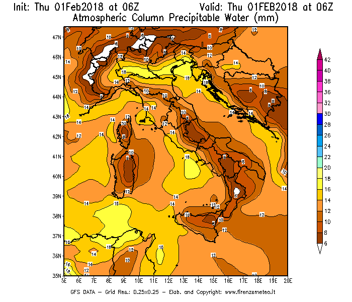 Mappa di analisi GFS - Precipitable Water [mm] in Italia
							del 01/02/2018 06 <!--googleoff: index-->UTC<!--googleon: index-->