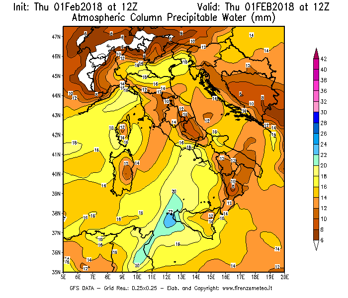 Mappa di analisi GFS - Precipitable Water [mm] in Italia
									del 01/02/2018 12 <!--googleoff: index-->UTC<!--googleon: index-->