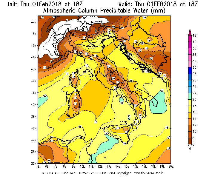 Mappa di analisi GFS - Precipitable Water [mm] in Italia
									del 01/02/2018 18 <!--googleoff: index-->UTC<!--googleon: index-->