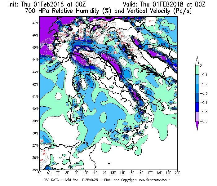 Mappa di analisi GFS - Umidità relativa [%] e Omega [Pa/s] a 700 hPa in Italia
									del 01/02/2018 00 <!--googleoff: index-->UTC<!--googleon: index-->