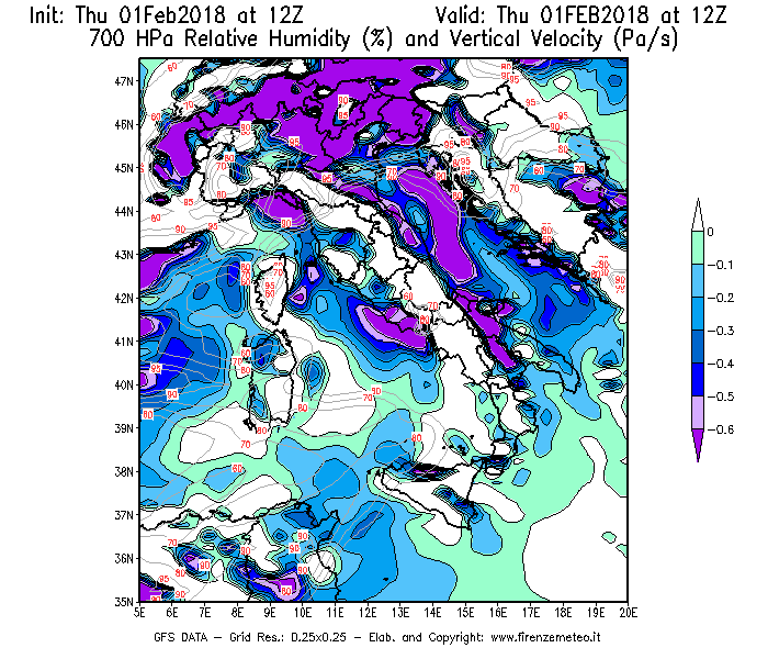 Mappa di analisi GFS - Umidità relativa [%] e Omega [Pa/s] a 700 hPa in Italia
									del 01/02/2018 12 <!--googleoff: index-->UTC<!--googleon: index-->