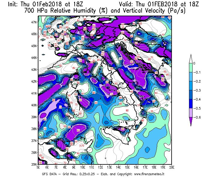 Mappa di analisi GFS - Umidità relativa [%] e Omega [Pa/s] a 700 hPa in Italia
							del 01/02/2018 18 <!--googleoff: index-->UTC<!--googleon: index-->