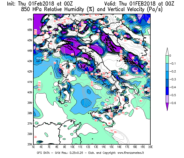 Mappa di analisi GFS - Umidità relativa [%] e Omega [Pa/s] a 850 hPa in Italia
							del 01/02/2018 00 <!--googleoff: index-->UTC<!--googleon: index-->