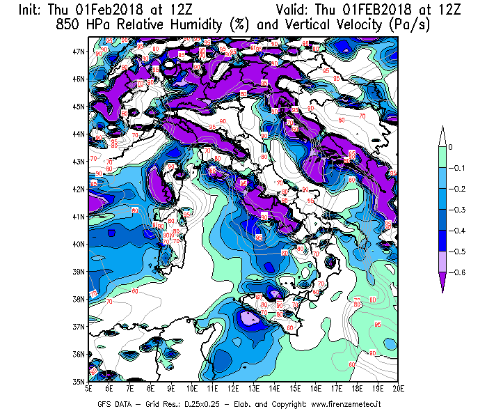 Mappa di analisi GFS - Umidità relativa [%] e Omega [Pa/s] a 850 hPa in Italia
									del 01/02/2018 12 <!--googleoff: index-->UTC<!--googleon: index-->