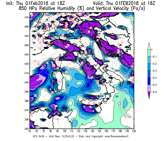 Mappa di analisi GFS - Umidità relativa [%] e Omega [Pa/s] a 850 hPa in Italia
									del 01/02/2018 18 <!--googleoff: index-->UTC<!--googleon: index-->