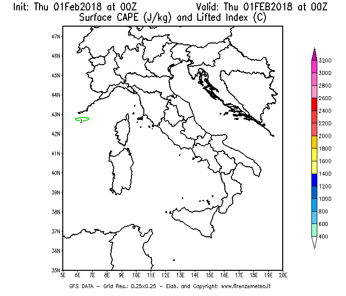 Mappa di analisi GFS - CAPE [J/kg] e Lifted Index [°C] in Italia
							del 01/02/2018 00 <!--googleoff: index-->UTC<!--googleon: index-->