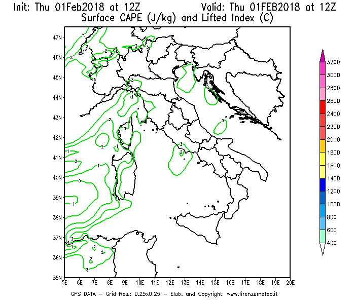 Mappa di analisi GFS - CAPE [J/kg] e Lifted Index [°C] in Italia
									del 01/02/2018 12 <!--googleoff: index-->UTC<!--googleon: index-->
