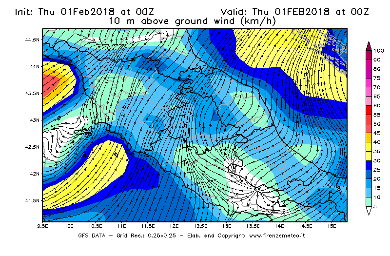 Mappa di analisi GFS - Velocità del vento a 10 metri dal suolo [km/h] in Centro-Italia
							del 01/02/2018 00 <!--googleoff: index-->UTC<!--googleon: index-->
