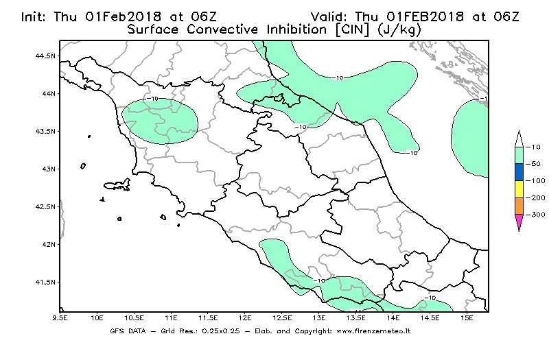 Mappa di analisi GFS - CIN [J/kg] in Centro-Italia
									del 01/02/2018 06 <!--googleoff: index-->UTC<!--googleon: index-->