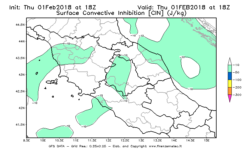 Mappa di analisi GFS - CIN [J/kg] in Centro-Italia
							del 01/02/2018 18 <!--googleoff: index-->UTC<!--googleon: index-->