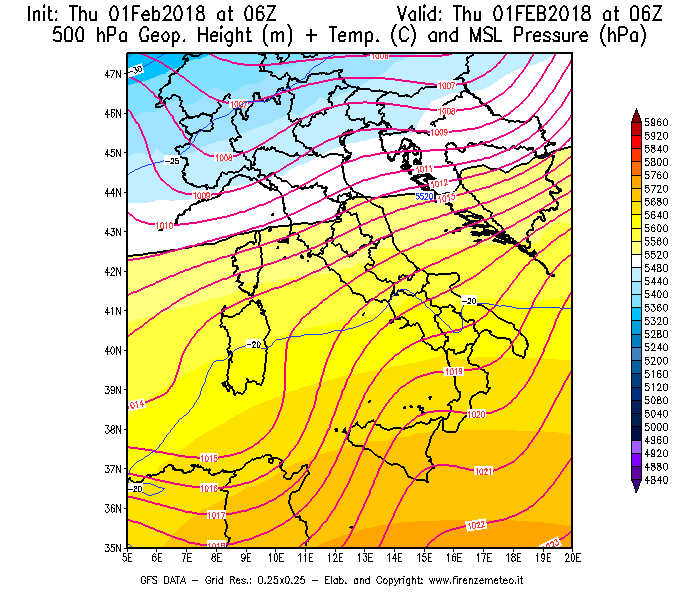 Mappa di analisi GFS - Geopotenziale [m] + Temp. [°C] a 500 hPa + Press. a livello del mare [hPa] in Italia
							del 01/02/2018 06 <!--googleoff: index-->UTC<!--googleon: index-->