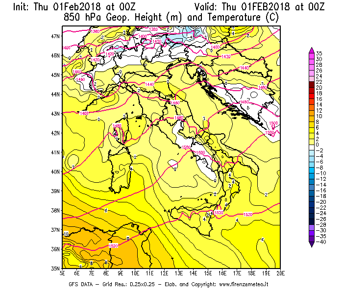 Mappa di analisi GFS - Geopotenziale [m] e Temperatura [°C] a 850 hPa in Italia
							del 01/02/2018 00 <!--googleoff: index-->UTC<!--googleon: index-->