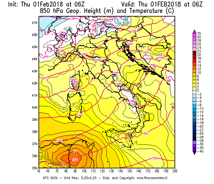 Mappa di analisi GFS - Geopotenziale [m] e Temperatura [°C] a 850 hPa in Italia
									del 01/02/2018 06 <!--googleoff: index-->UTC<!--googleon: index-->