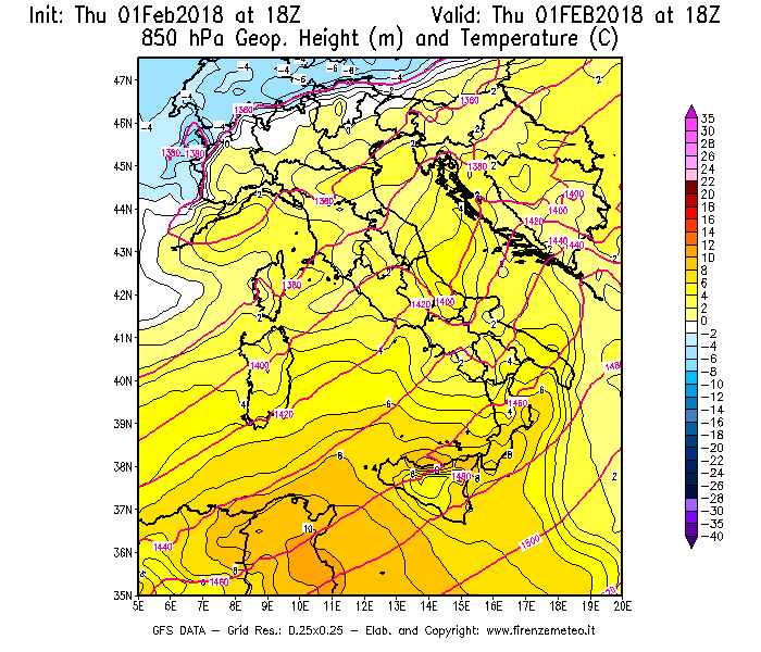 Mappa di analisi GFS - Geopotenziale [m] e Temperatura [°C] a 850 hPa in Italia
									del 01/02/2018 18 <!--googleoff: index-->UTC<!--googleon: index-->