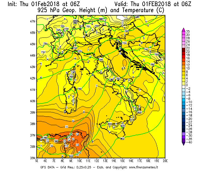 Mappa di analisi GFS - Geopotenziale [m] e Temperatura [°C] a 925 hPa in Italia
							del 01/02/2018 06 <!--googleoff: index-->UTC<!--googleon: index-->