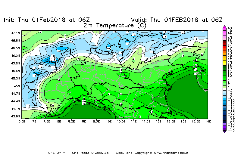 Mappa di analisi GFS - Temperatura a 2 metri dal suolo [°C] in Nord-Italia
									del 01/02/2018 06 <!--googleoff: index-->UTC<!--googleon: index-->