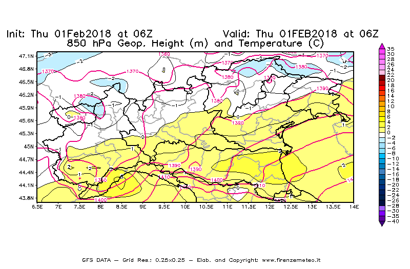 Mappa di analisi GFS - Geopotenziale [m] e Temperatura [°C] a 850 hPa in Nord-Italia
									del 01/02/2018 06 <!--googleoff: index-->UTC<!--googleon: index-->