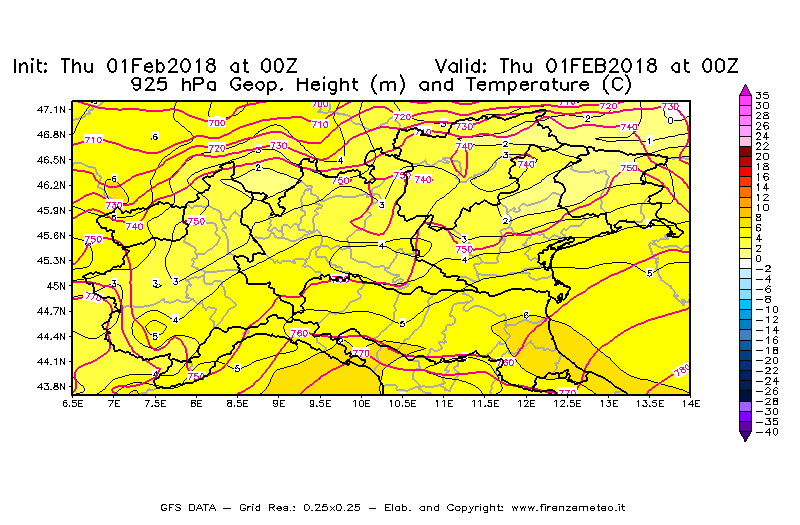 Mappa di analisi GFS - Geopotenziale [m] e Temperatura [°C] a 925 hPa in Nord-Italia
							del 01/02/2018 00 <!--googleoff: index-->UTC<!--googleon: index-->