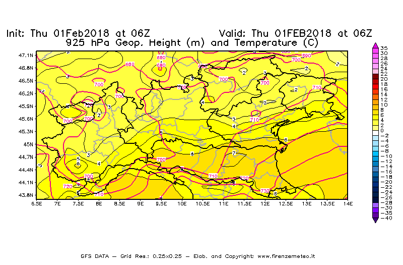 Mappa di analisi GFS - Geopotenziale [m] e Temperatura [°C] a 925 hPa in Nord-Italia
							del 01/02/2018 06 <!--googleoff: index-->UTC<!--googleon: index-->