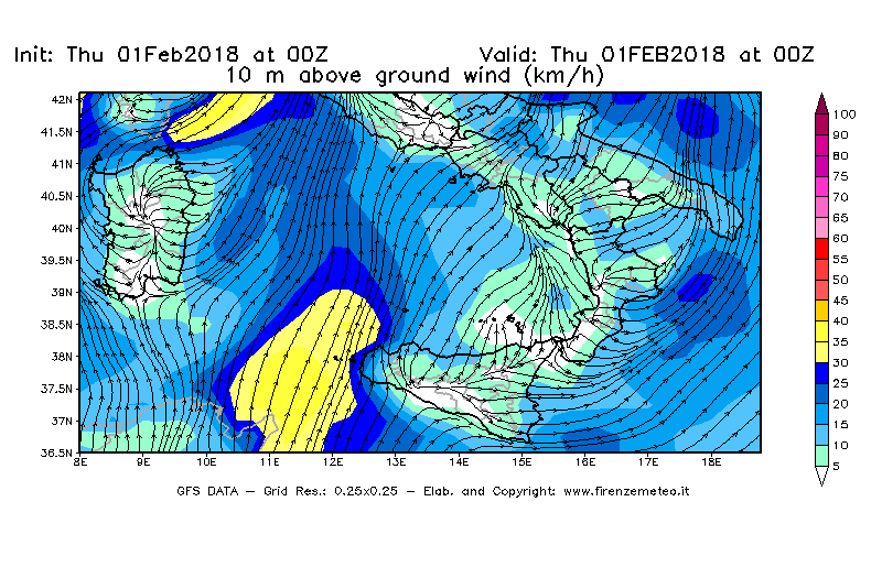Mappa di analisi GFS - Velocità del vento a 10 metri dal suolo [km/h] in Sud-Italia
									del 01/02/2018 00 <!--googleoff: index-->UTC<!--googleon: index-->