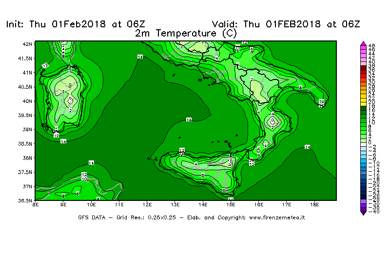 Mappa di analisi GFS - Temperatura a 2 metri dal suolo [°C] in Sud-Italia
							del 01/02/2018 06 <!--googleoff: index-->UTC<!--googleon: index-->