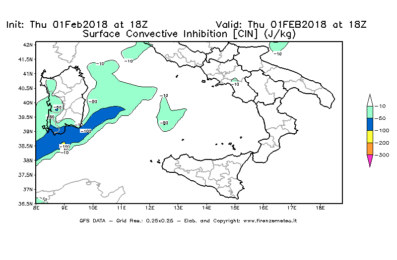 Mappa di analisi GFS - CIN [J/kg] in Sud-Italia
							del 01/02/2018 18 <!--googleoff: index-->UTC<!--googleon: index-->