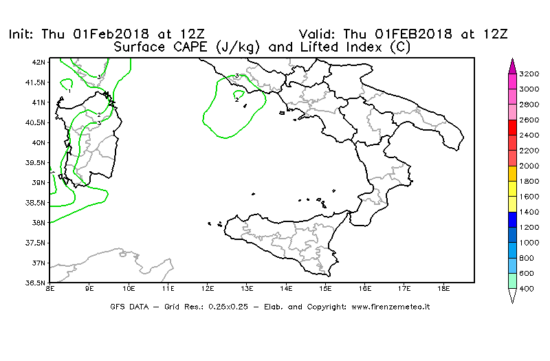 Mappa di analisi GFS - CAPE [J/kg] e Lifted Index [°C] in Sud-Italia
									del 01/02/2018 12 <!--googleoff: index-->UTC<!--googleon: index-->