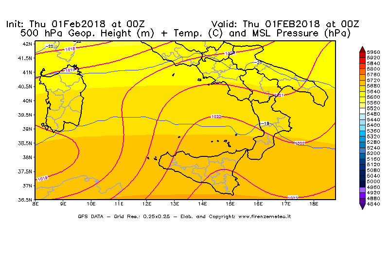 Mappa di analisi GFS - Geopotenziale [m] + Temp. [°C] a 500 hPa + Press. a livello del mare [hPa] in Sud-Italia
							del 01/02/2018 00 <!--googleoff: index-->UTC<!--googleon: index-->