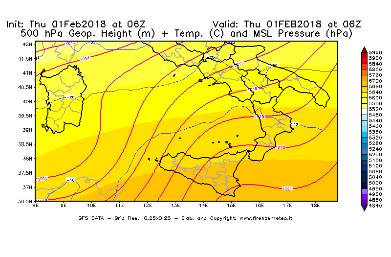Mappa di analisi GFS - Geopotenziale [m] + Temp. [°C] a 500 hPa + Press. a livello del mare [hPa] in Sud-Italia
									del 01/02/2018 06 <!--googleoff: index-->UTC<!--googleon: index-->