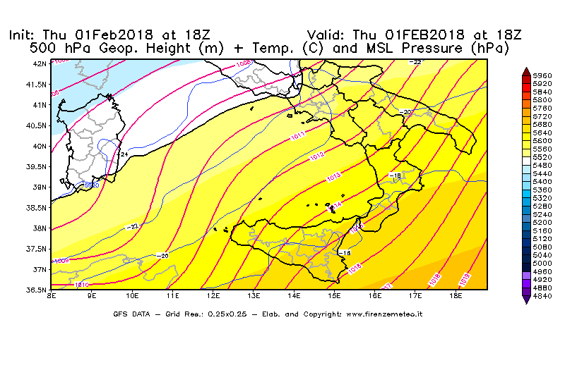 Mappa di analisi GFS - Geopotenziale [m] + Temp. [°C] a 500 hPa + Press. a livello del mare [hPa] in Sud-Italia
									del 01/02/2018 18 <!--googleoff: index-->UTC<!--googleon: index-->