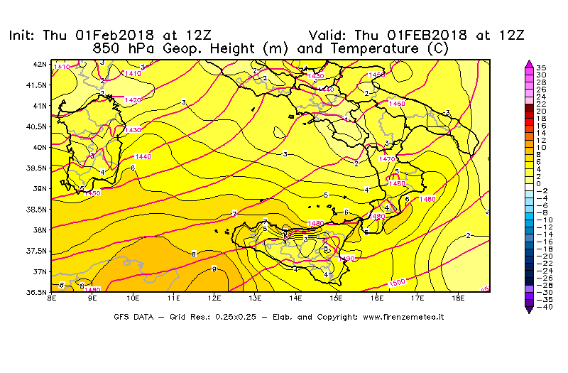 Mappa di analisi GFS - Geopotenziale [m] e Temperatura [°C] a 850 hPa in Sud-Italia
							del 01/02/2018 12 <!--googleoff: index-->UTC<!--googleon: index-->
