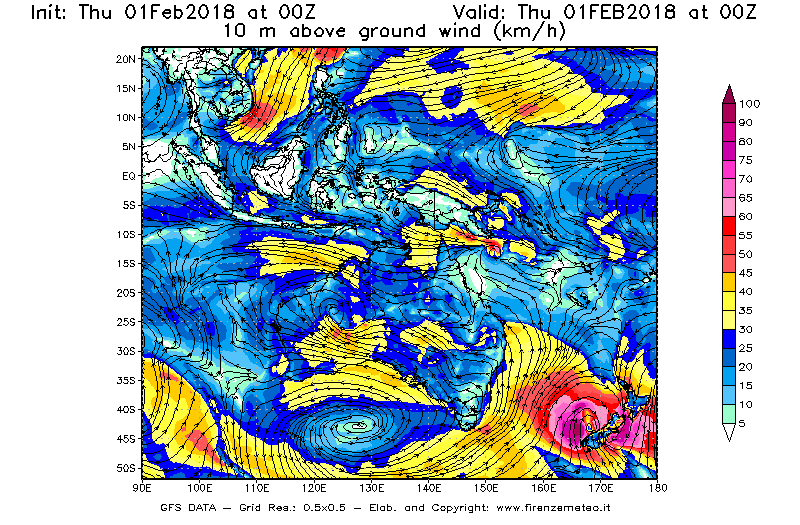 Mappa di analisi GFS - Velocità del vento a 10 metri dal suolo [km/h] in Oceania
									del 01/02/2018 00 <!--googleoff: index-->UTC<!--googleon: index-->