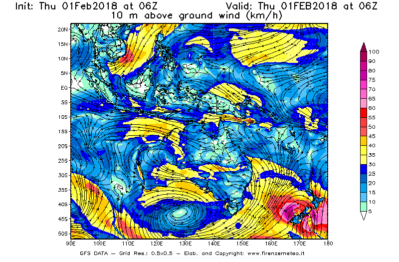 Mappa di analisi GFS - Velocità del vento a 10 metri dal suolo [km/h] in Oceania
							del 01/02/2018 06 <!--googleoff: index-->UTC<!--googleon: index-->