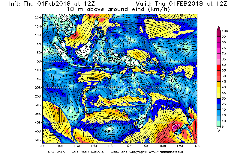 Mappa di analisi GFS - Velocità del vento a 10 metri dal suolo [km/h] in Oceania
									del 01/02/2018 12 <!--googleoff: index-->UTC<!--googleon: index-->