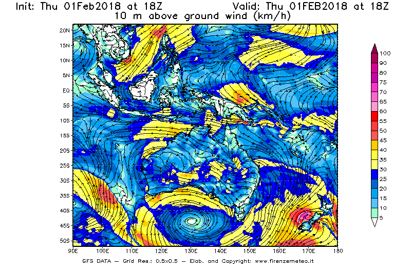 Mappa di analisi GFS - Velocità del vento a 10 metri dal suolo [km/h] in Oceania
							del 01/02/2018 18 <!--googleoff: index-->UTC<!--googleon: index-->