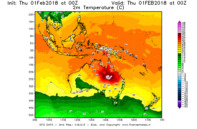 Mappa di analisi GFS - Temperatura a 2 metri dal suolo [°C] in Oceania
									del 01/02/2018 00 <!--googleoff: index-->UTC<!--googleon: index-->