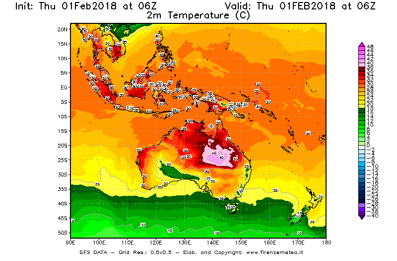 Mappa di analisi GFS - Temperatura a 2 metri dal suolo [°C] in Oceania
									del 01/02/2018 06 <!--googleoff: index-->UTC<!--googleon: index-->